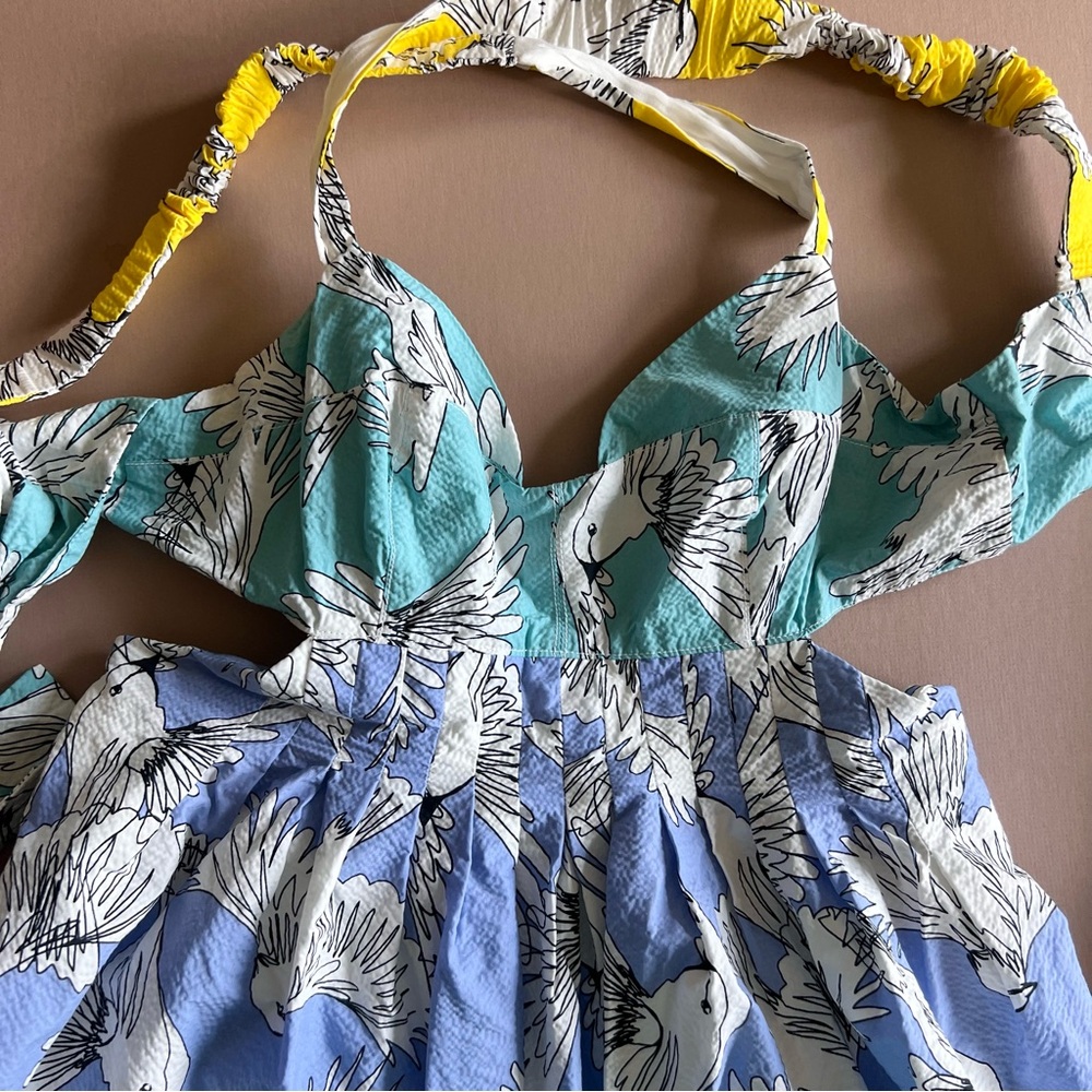 Anthropologie Maeve Tropical Bird Print Cutout Tie Back Mini Dress 2 - Picture 3 of 16
